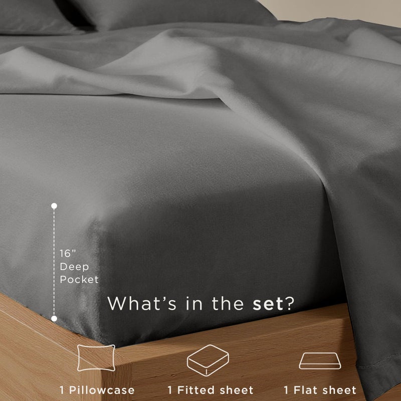 Threadmill Cotton Twin XL Sheet Set | 100% Cotton Sheets for Twin XL Size Bed | Solid Sateen Twin XL Bed Sheets Set with 16â€ Deep Pocket | Soft Breathable 3-Piece Cooling Sheet Set | Dark Grey - Image 3